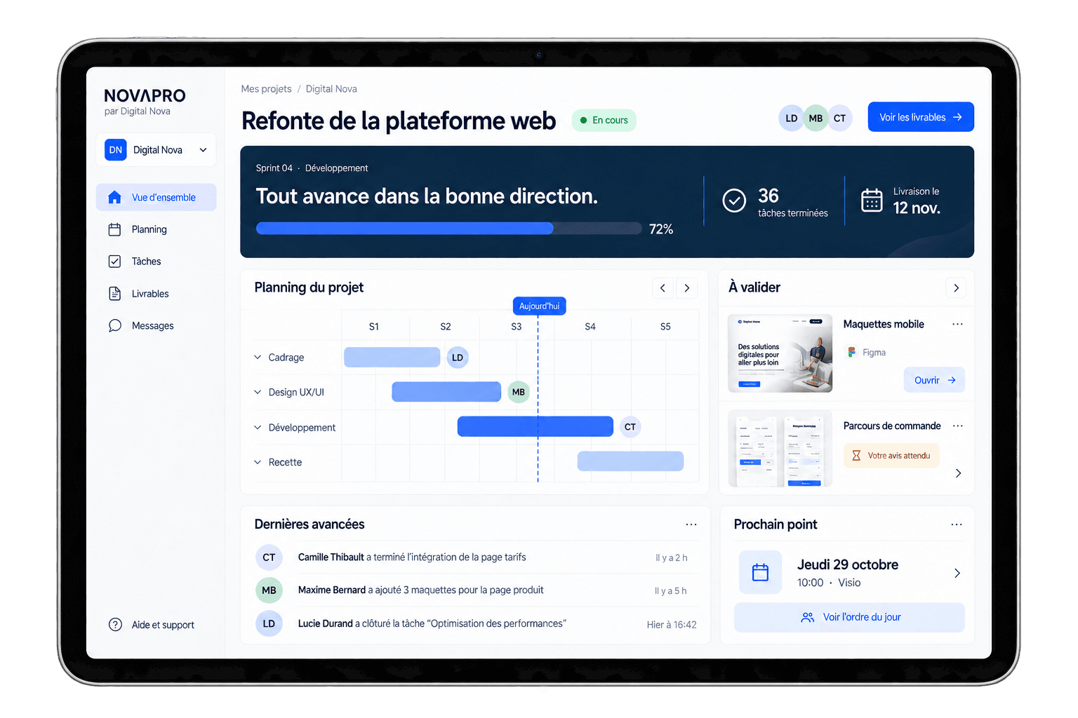 NOVAPRO™ project dashboard with timeline, deliverables and team activity on a tablet